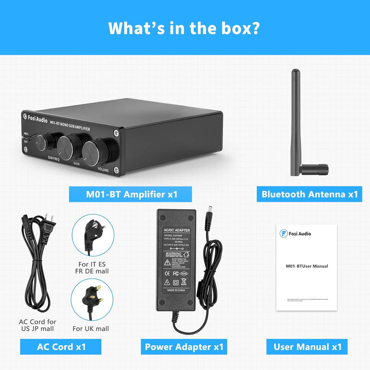 Fosi Audio M01 - BT Bluetooth 5.0 300 Watt Subwoofer Amplifier Home Theater Full - Frequency Mini Stereo Audio Hi - Fi Mono Power Amp with Bass Gain Control for Passive Subwoofer Speaker Bass Shaker - Just Closeouts Canada Inc.