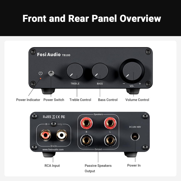 Fosi Audio TB10D 2 Channel Stereo Amplifier, Class D Mini Power Integrated Amplifiers 600W for Passive Speakers/Bass Shaker, Home Audio Component Desktop Amp Receiver TPA3255 with Bass Treble Control - Just Closeouts Canada Inc.