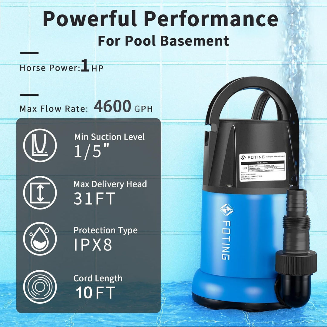 FOTING Submersible Water Pump 1HP Clean/Dirty Water Pump, 4600GPH Utility Pump Thermoplastic Electric Portable Transfer Water Pump for Swimming Pool Garden Pond Basement with 25ft Long Power Cord - Just Closeouts Canada Inc.