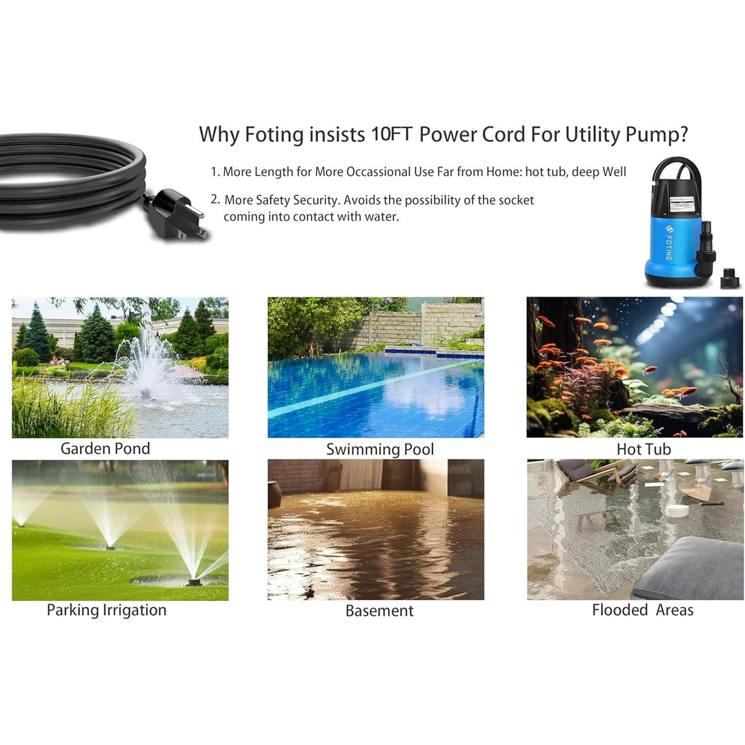 FOTING Submersible Water Pump 1HP Clean/Dirty Water Pump, 4600GPH Utility Pump Thermoplastic Electric Portable Transfer Water Pump for Swimming Pool Garden Pond Basement with 25ft Long Power Cord - Just Closeouts Canada Inc.