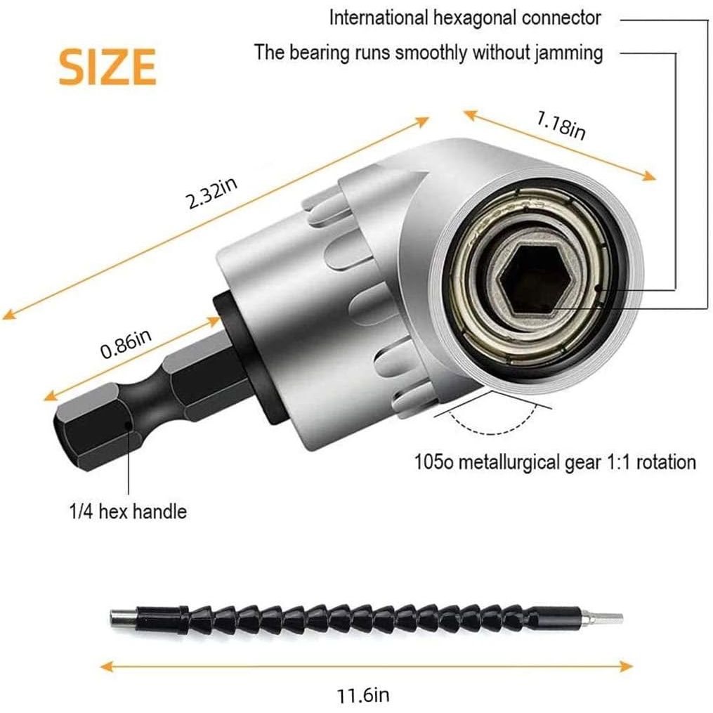 FOUUA Flexible Drill Bit Extension Kit, Includes 105° Right Angle Drill, 3pcs Universal Socket Adapter Set (1/4, 3/8, 1/2"), 3pcs Drill Bit Holders, 10pcs Screwdriver Bit Set - Just Closeouts Canada Inc.