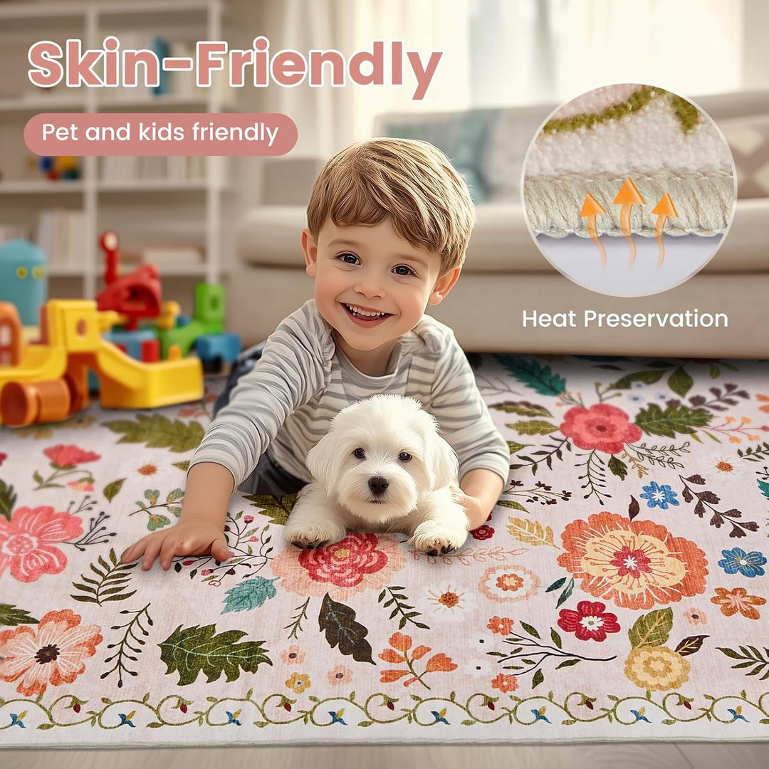 Front Door Mats Indoor, 2x3 Ft Small Floral Area Rugs Ultra Thin Non - Slip Washable Carpet Stain Resistant Boho Low - Pile for Entry Bedroom Kitchen Hallway Kids Room Laundry(Beige with Pink) - Just Closeouts Canada Inc.