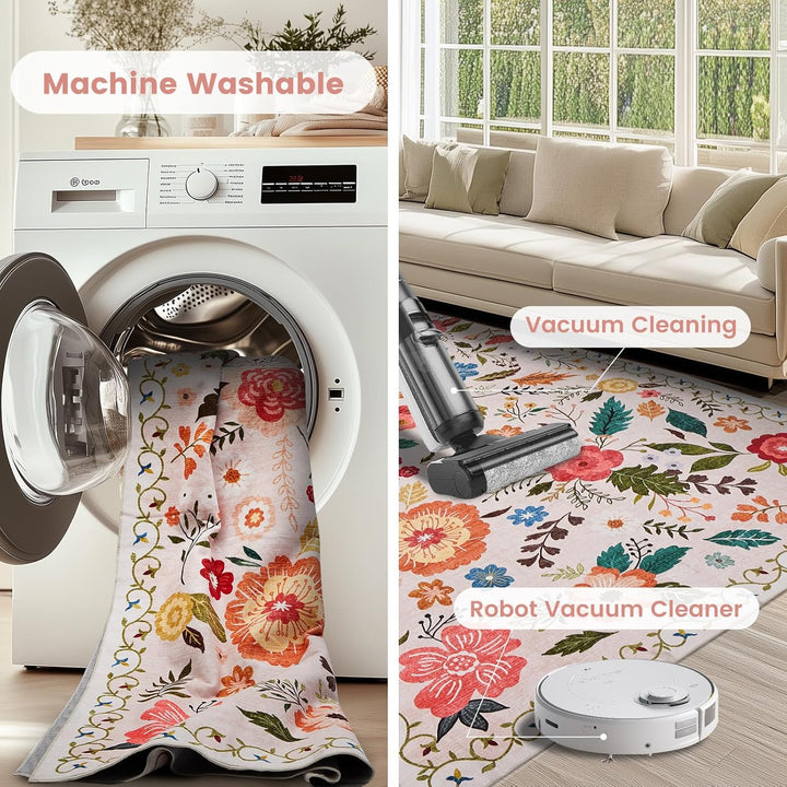 Front Door Mats Indoor, 2x3 Ft Small Floral Area Rugs Ultra Thin Non - Slip Washable Carpet Stain Resistant Boho Low - Pile for Entry Bedroom Kitchen Hallway Kids Room Laundry(Beige with Pink) - Just Closeouts Canada Inc.