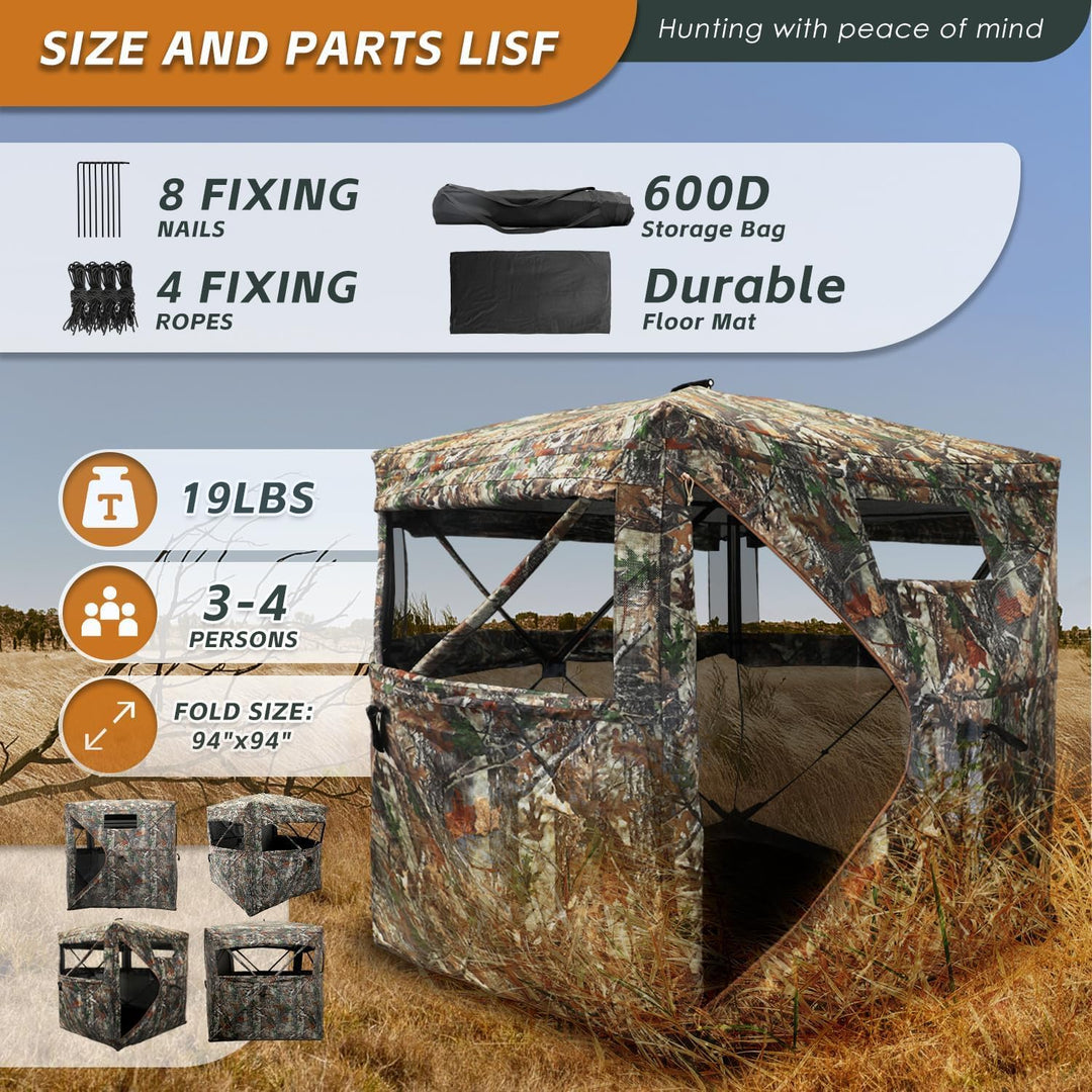 FUNHORUN Hunting Blind with Floor Mat, 360 Degree See Through Ground Blind for Deer/Turkey Hunting, 2/3/4 Person Pop Up Camouflage Tent with Carrying Bag - Just Closeouts Canada Inc.