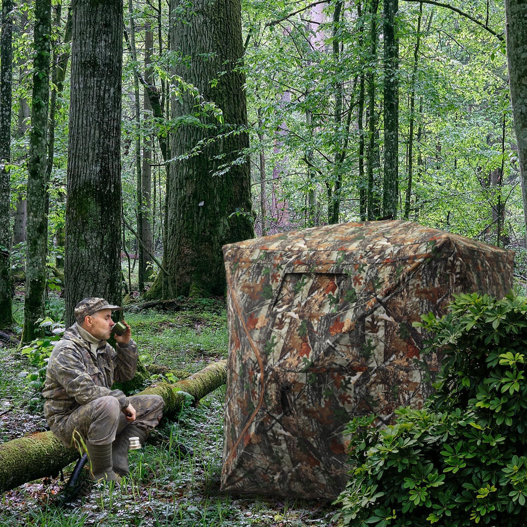 FUNHORUN Hunting Blind with Floor Mat, 360 Degree See Through Ground Blind for Deer/Turkey Hunting, 2/3/4 Person Pop Up Camouflage Tent with Carrying Bag - Just Closeouts Canada Inc.