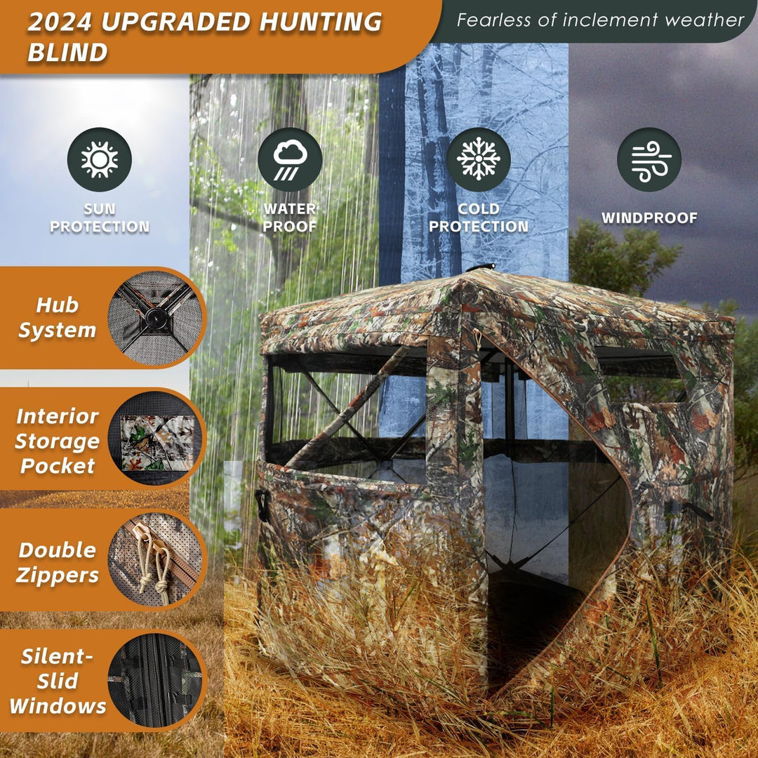 FUNHORUN Hunting Blind with Floor Mat, 360 Degree See Through Ground Blind for Deer/Turkey Hunting, 2/3/4 Person Pop Up Camouflage Tent with Carrying Bag - Just Closeouts Canada Inc.