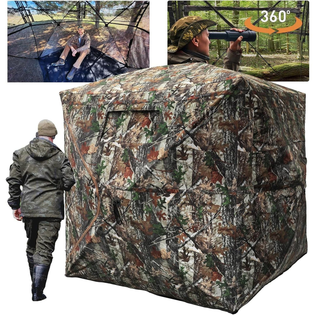 FUNHORUN Hunting Blind with Floor Mat, 360 Degree See Through Ground Blind for Deer/Turkey Hunting, 2/3/4 Person Pop Up Camouflage Tent with Carrying Bag - Just Closeouts Canada Inc.