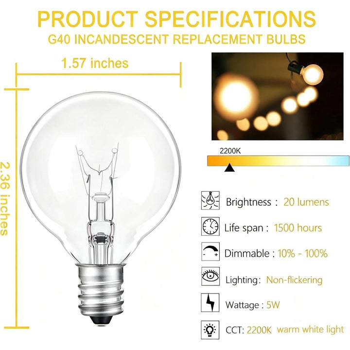 G40 Incandescent Globe 120V Light Bulb E12 Outdoor Light Bulbs 5W 2200K Warm White String Light Bulbs Patio Light Bulbs Replacement for Outdoor String Lights - Just Closeouts Canada Inc.X004AR19MN
