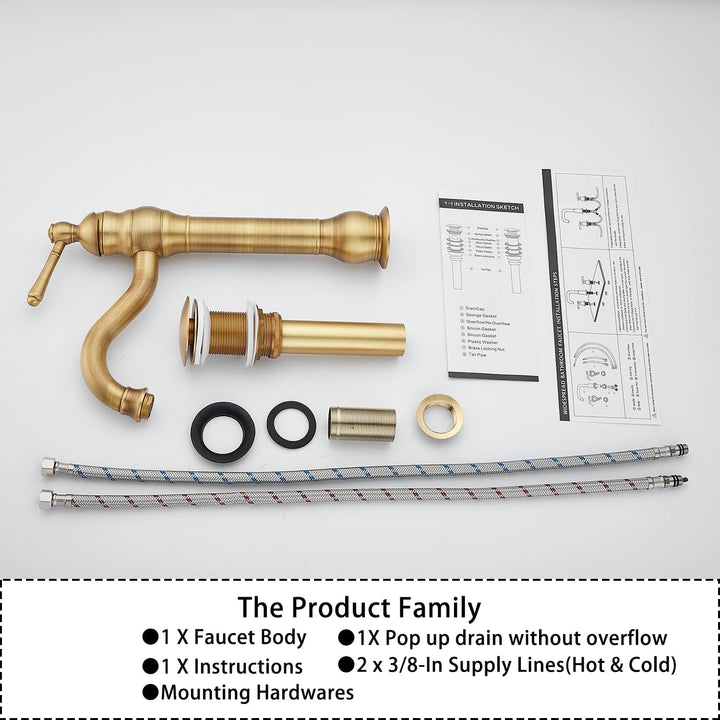 GGStudy Antique Brass Bathroom Sink Faucet Single Handle One Hole Tall Body - Just Closeouts Canada Inc.