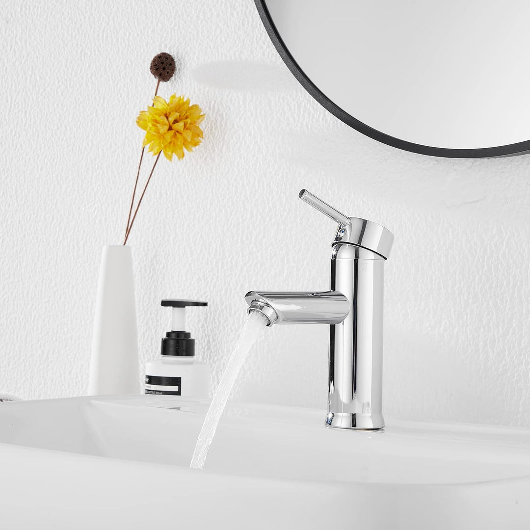 GGStudy Chrome Single Handle One Hole Bathroom Sink Faucet Stainless Steel Matching Pop Up Drain with Overflow - Just Closeouts Canada Inc.