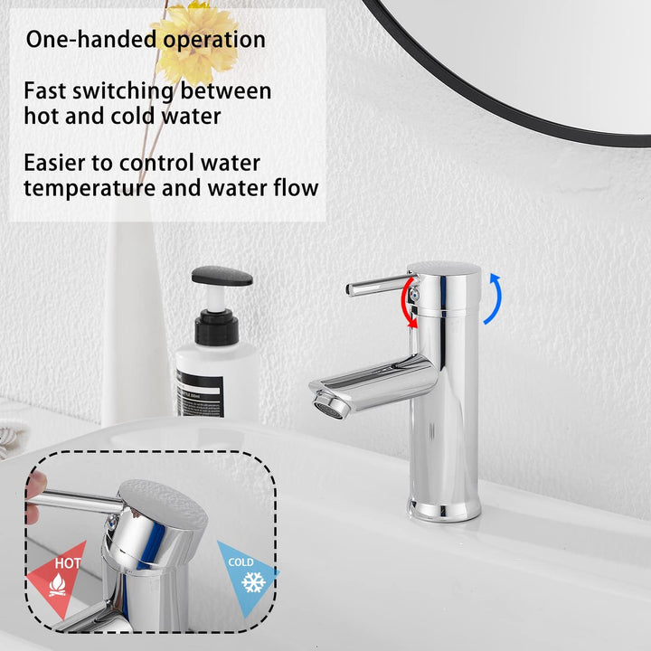 GGStudy Chrome Single Handle One Hole Bathroom Sink Faucet Stainless Steel Matching Pop Up Drain with Overflow - Just Closeouts Canada Inc.