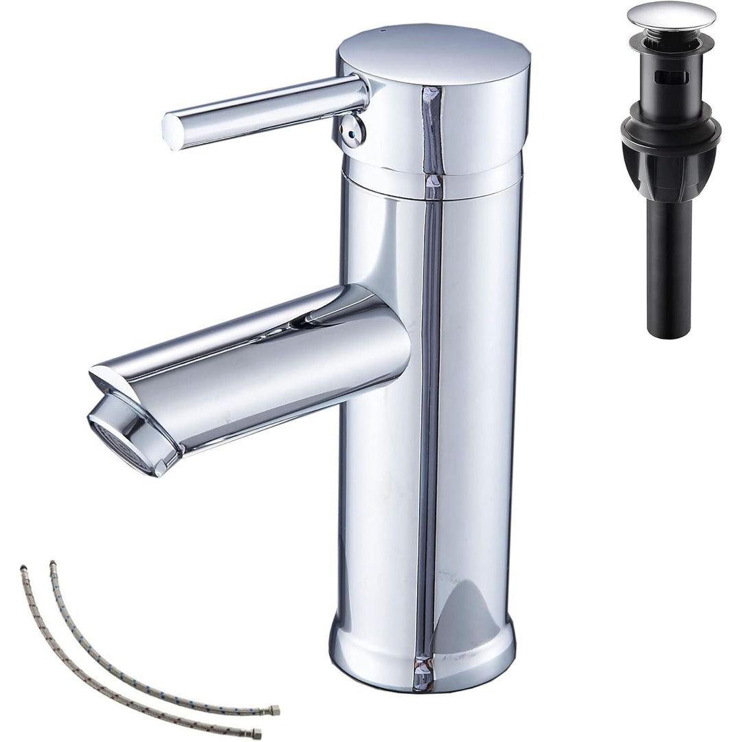 GGStudy Chrome Single Handle One Hole Bathroom Sink Faucet Stainless Steel Matching Pop Up Drain with Overflow - Just Closeouts Canada Inc.