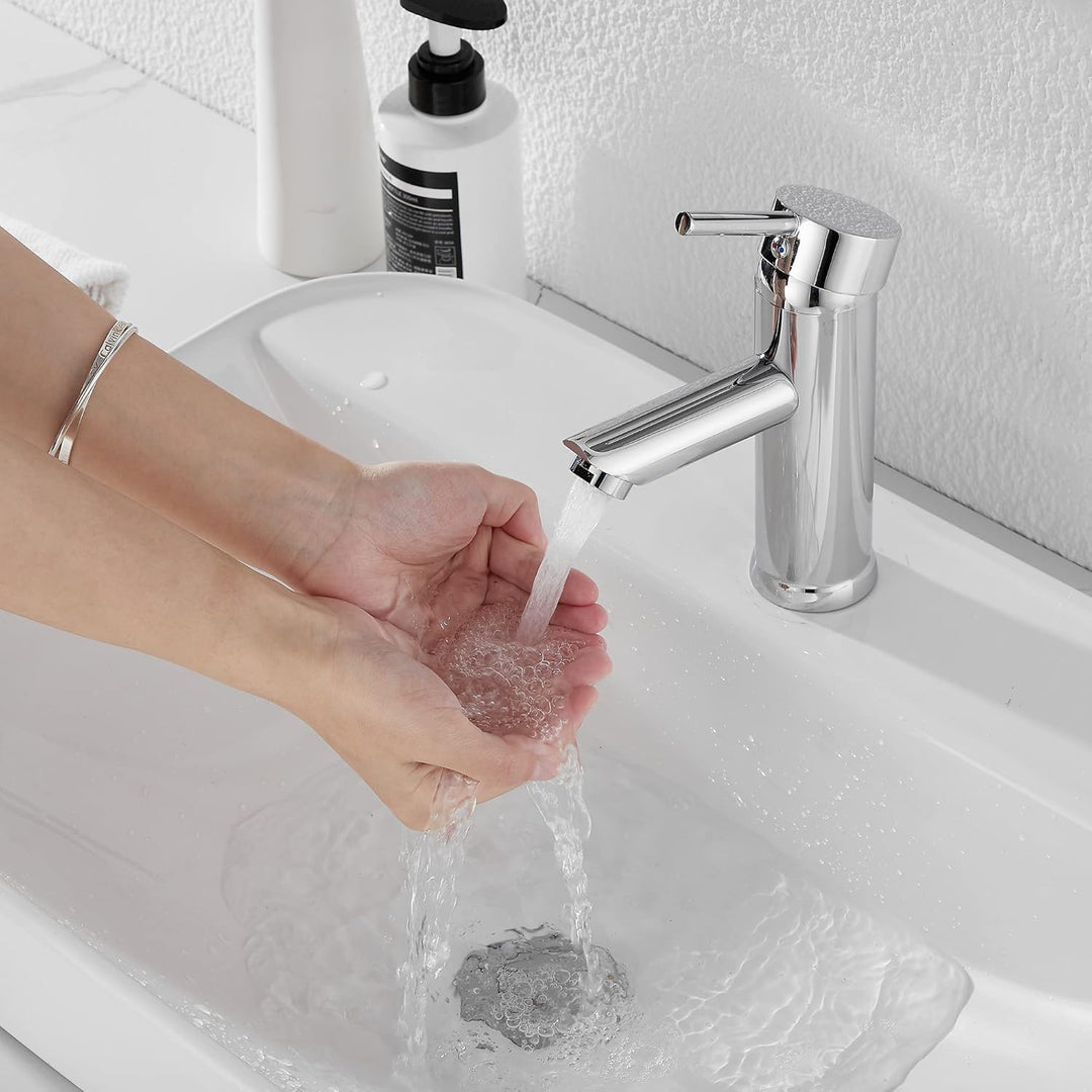 GGStudy Chrome Single Handle One Hole Bathroom Sink Faucet Stainless Steel Matching Pop Up Drain with Overflow - Just Closeouts Canada Inc.