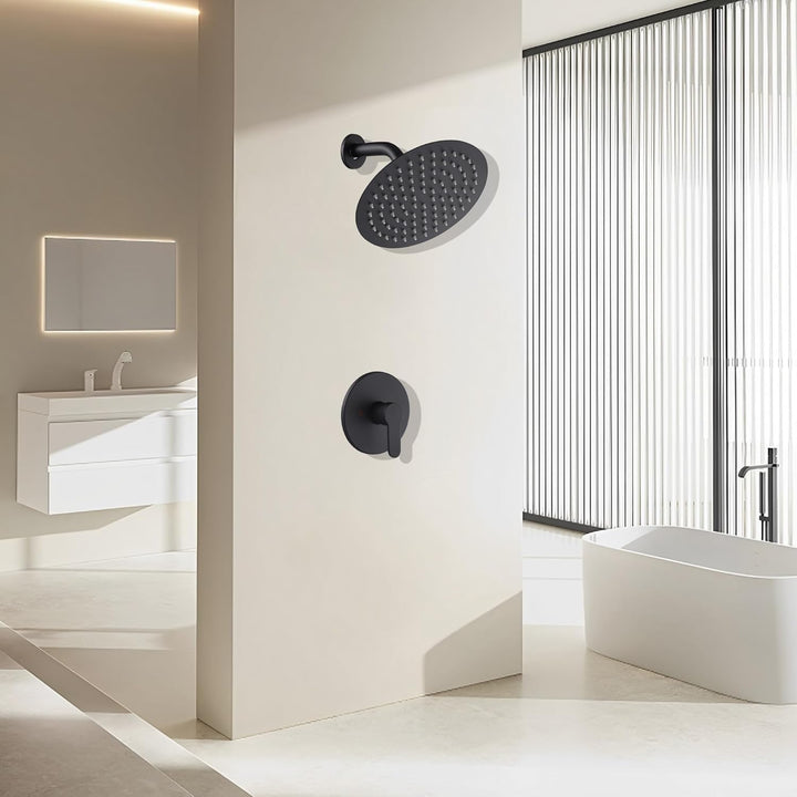 GGStudy Matte Black Bathroom Shower Faucet Set System with Rough - in Valve Shower Set Bath Rainfall Shower Faucet System 8inch Round - Stainless Steel Metal Shower Head - Just Closeouts Canada Inc.