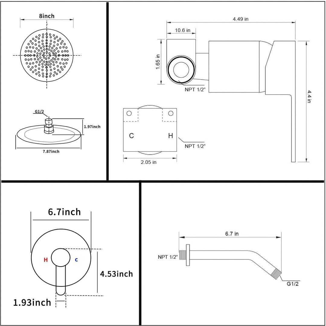 GGStudy Matte Black Bathroom Shower Faucet Set System with Rough - in Valve Shower Set Bath Rainfall Shower Faucet System 8inch Round - Stainless Steel Metal Shower Head - Just Closeouts Canada Inc.
