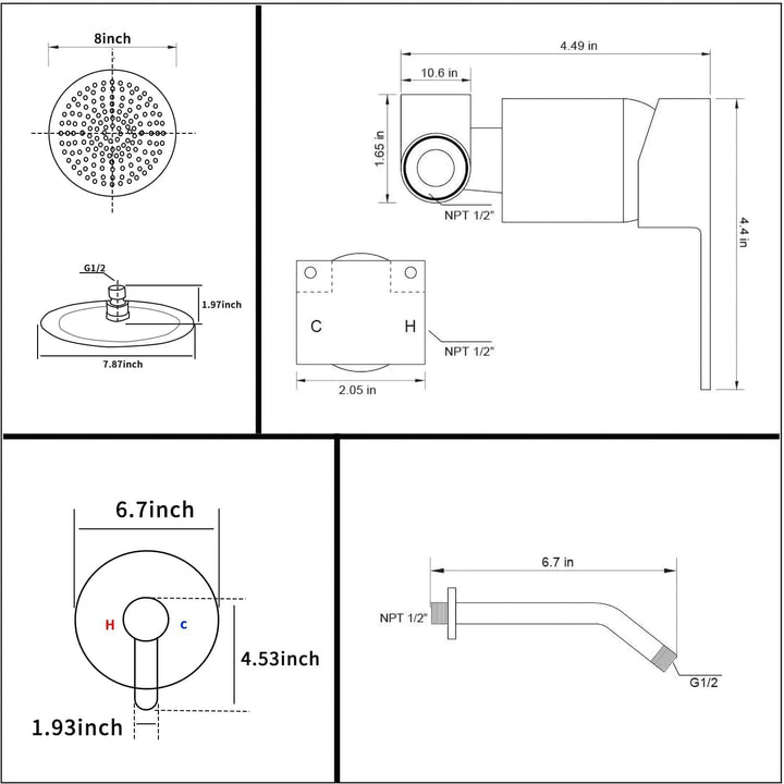 GGStudy Matte Black Bathroom Shower Faucet Set System with Rough - in Valve Shower Set Bath Rainfall Shower Faucet System 8inch Round - Stainless Steel Metal Shower Head - Just Closeouts Canada Inc.