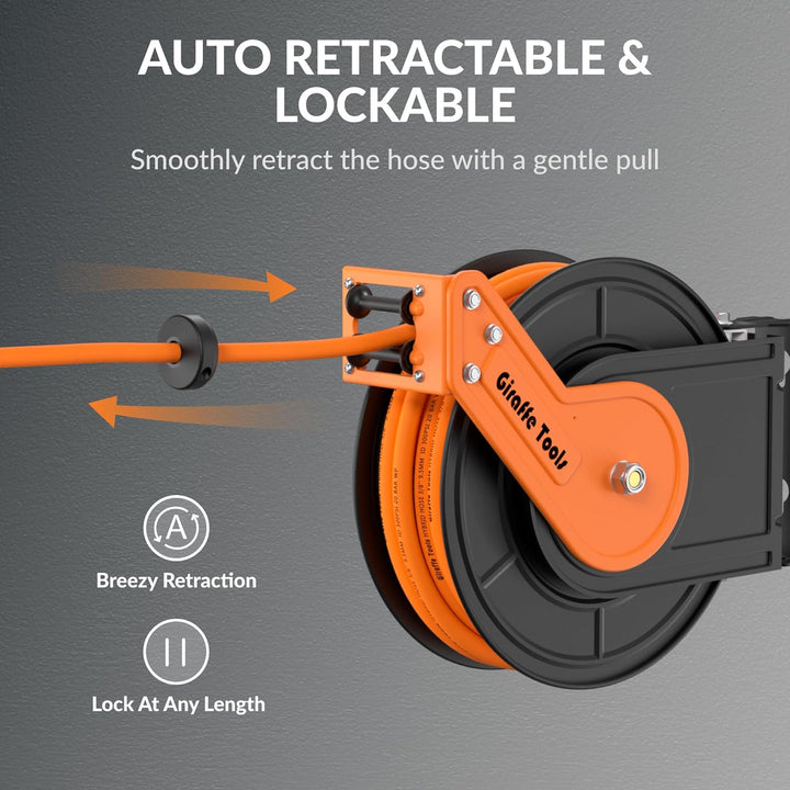 Giraffe Tools TA15B Air Hose Reel Retractable Wall Mount 3/8" x 50 ft Hybrid Hose, Air Compressor Heavy Duty Steel Reel Auto Rewind 300PSI, Tangelo - Just Closeouts Canada Inc.