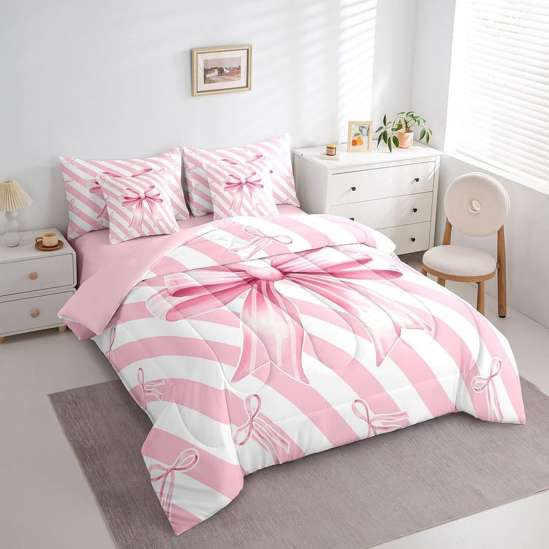 Girls Pink Bow Comforter Set with Sheets Cute Stripe Bowknot 7 Piece Bedding Set Twin Size for Kids Boys Girls Princess Geometric Bow-tie Bed in a Bag - Just Closeouts Canada Inc.X004NY4LEB