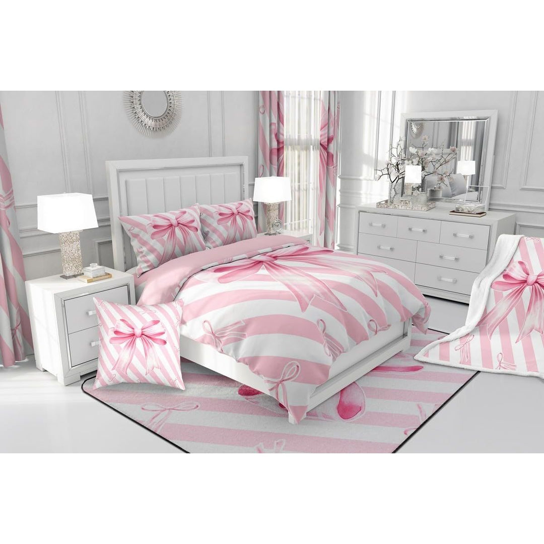 Girls Pink Bow Comforter Set with Sheets Cute Stripe Bowknot 7 Piece Bedding Set Twin Size for Kids Boys Girls Princess Geometric Bow-tie Bed in a Bag - Just Closeouts Canada Inc.X004NY4LEB