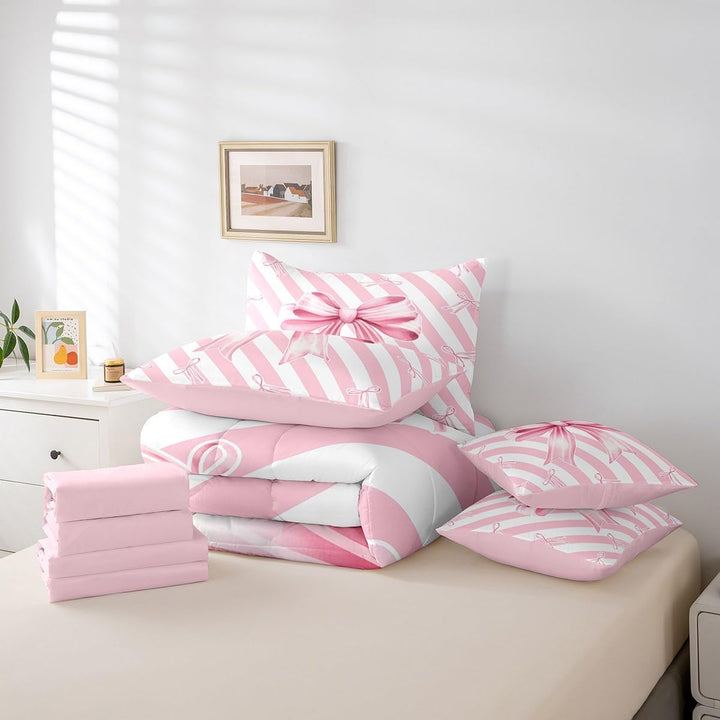 Girls Pink Bow Comforter Set with Sheets Cute Stripe Bowknot 7 Piece Bedding Set Twin Size for Kids Boys Girls Princess Geometric Bow-tie Bed in a Bag - Just Closeouts Canada Inc.X004NY4LEB