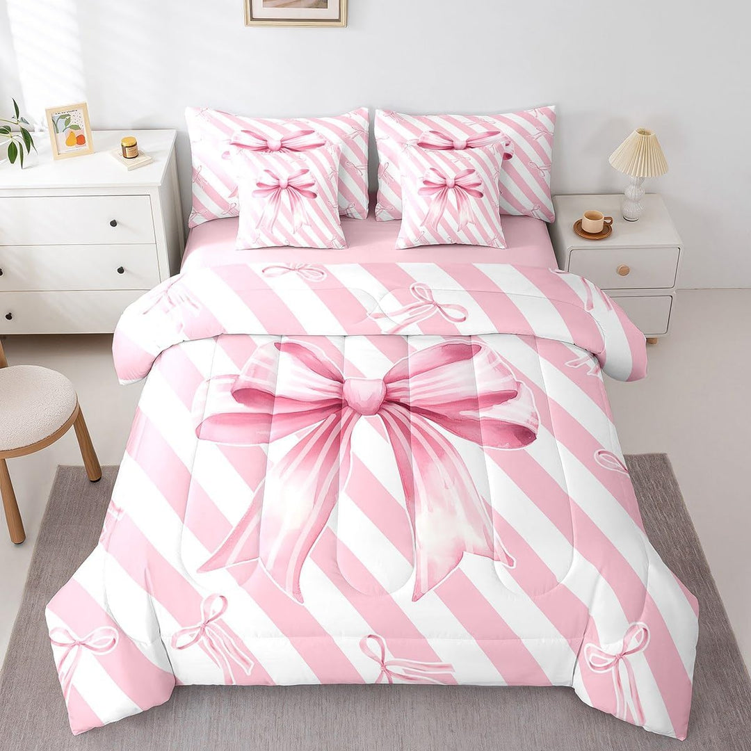 Girls Pink Bow Comforter Set with Sheets Cute Stripe Bowknot 7 Piece Bedding Set Twin Size for Kids Boys Girls Princess Geometric Bow-tie Bed in a Bag - Just Closeouts Canada Inc.X004NY4LEB