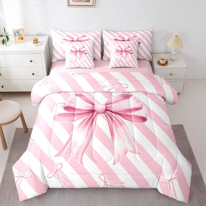Girls Pink Bow Comforter Set with Sheets Cute Stripe Bowknot 7 Piece Bedding Set Twin Size for Kids Boys Girls Princess Geometric Bow-tie Bed in a Bag - Just Closeouts Canada Inc.X004NY4LEB