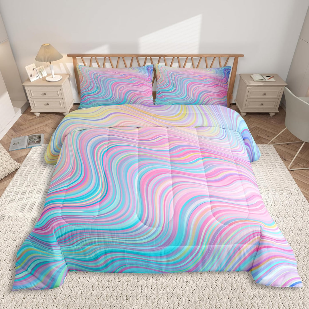 Girls Pink Comforter Set Full Size Kids Rainbow Stripe Bedding Set for Boys Teens Women Die Tye Comforter Breathable Geometric Duvet Princess Decor Quilt,1 Comforter with 2 Pillowcase - Just Closeouts Canada Inc.X004KALDFX