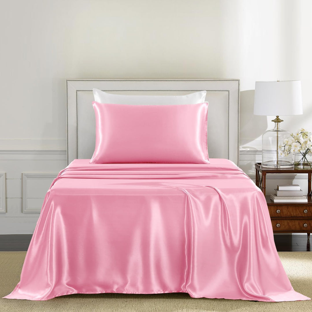 GOLAL Satin Sheets Twin Size - 3 Pieces Luxury Silky Soft Bed Sheets, Wrinkle - Free Light Pink Satin Silk Sheet Set with 1 Deep Pocket Fitted Sheet, 1 Flat Sheet, 1 Pillow Case - Just Closeouts Canada Inc.