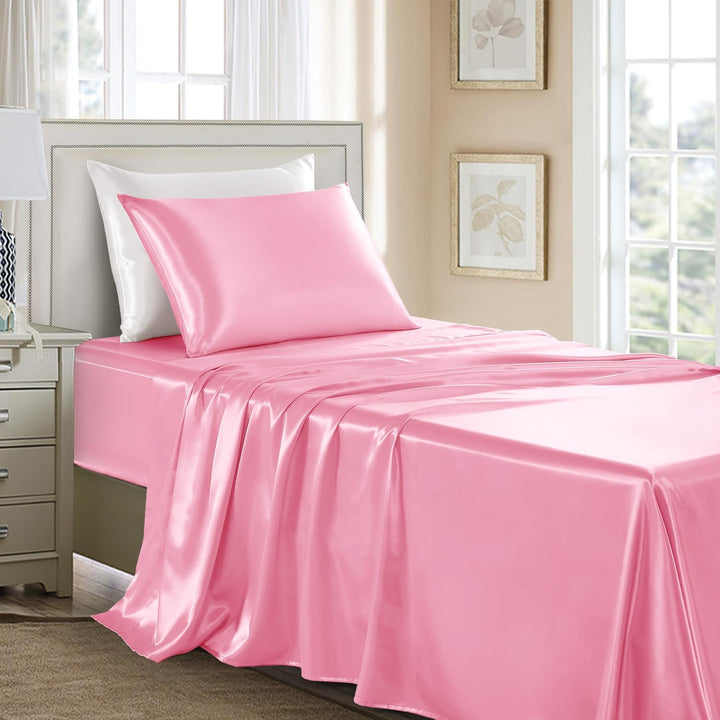 GOLAL Satin Sheets Twin Size - 3 Pieces Luxury Silky Soft Bed Sheets, Wrinkle - Free Light Pink Satin Silk Sheet Set with 1 Deep Pocket Fitted Sheet, 1 Flat Sheet, 1 Pillow Case - Just Closeouts Canada Inc.