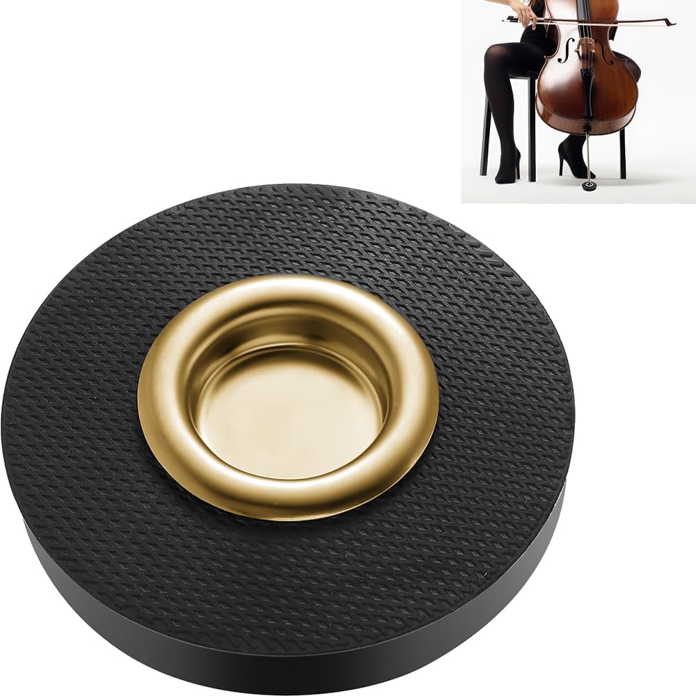 Gold cup cello endpin stopper on black non-slip base