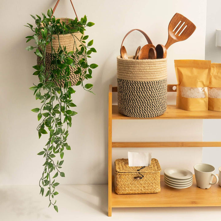 Goodpick 2pack Jute Hanging Basket, Wall Hanging Storage Baskets 7.87" x 7" Small Woven Basket Closet Storage Bins Shelf Basket for Keys Wallet Plants Towels, Toys, Jute Woven Basket - Just Closeouts Canada Inc.