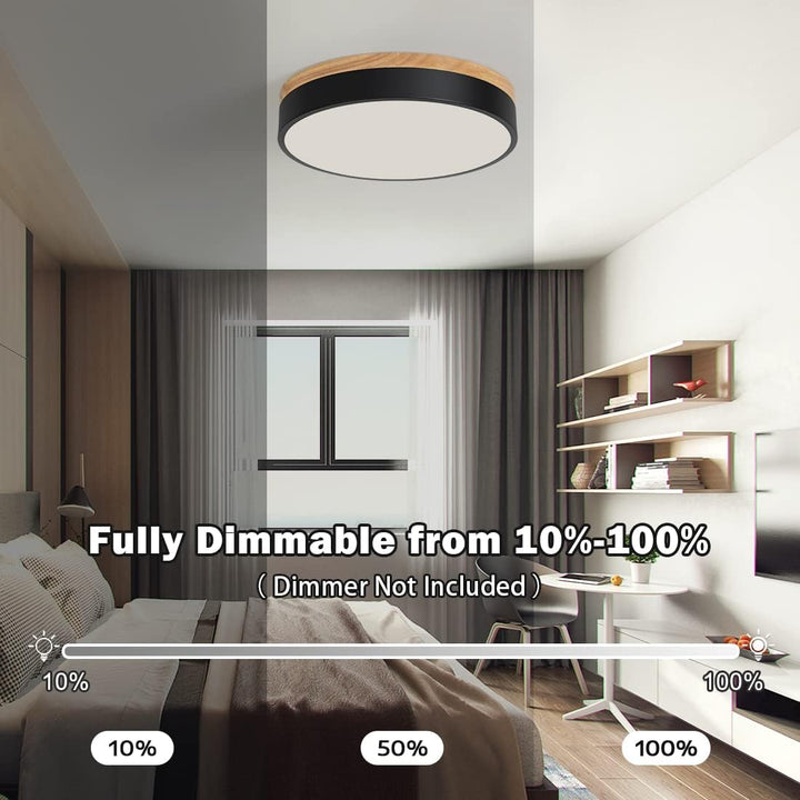 Goomavi Modern LED Ceiling Light, Minimalist 11.8" Wood Flush Mount Ceiling Fixtures, Neutral Light Circle Round Ceiling Lighting Lamp for Bedroom, Kitchen, Hallway, Bathroom(Black, Dimmable) - Just Closeouts Canada Inc.