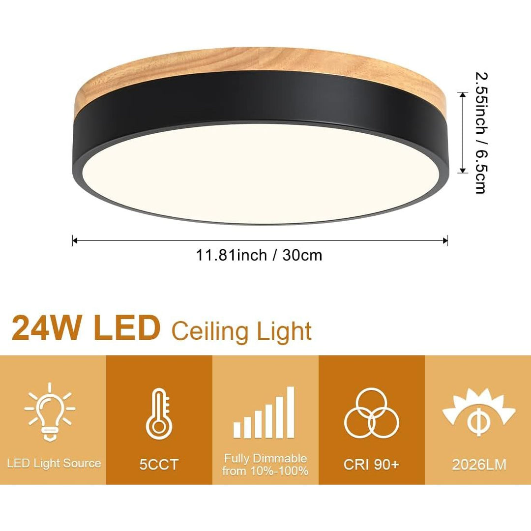 Goomavi Modern LED Ceiling Light, Minimalist 11.8" Wood Flush Mount Ceiling Fixtures, Neutral Light Circle Round Ceiling Lighting Lamp for Bedroom, Kitchen, Hallway, Bathroom(Black, Dimmable) - Just Closeouts Canada Inc.
