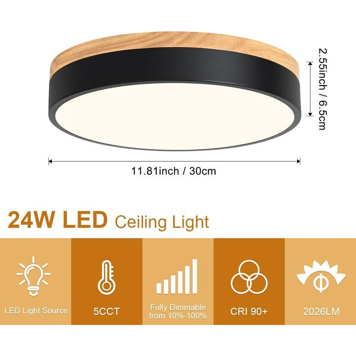 Goomavi Modern LED Ceiling Light, Minimalist 11.8" Wood Flush Mount Ceiling Fixtures, Neutral Light Circle Round Ceiling Lighting Lamp for Bedroom, Kitchen, Hallway, Bathroom(Black, Dimmable) - Just Closeouts Canada Inc.