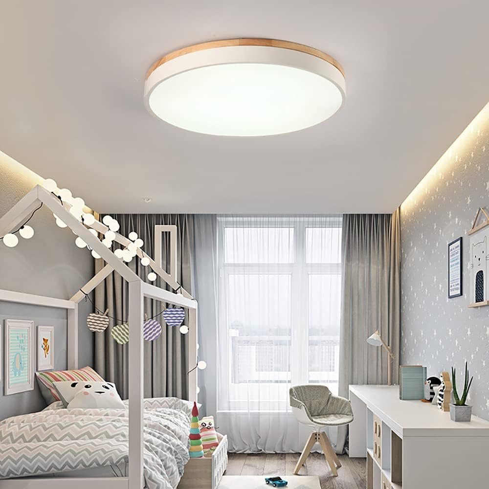 Goomavi Modern Wood Ceiling Light, Minimalist LED Flush Mount Light Fixture,15.74 in White Circle Round Close to Ceiling Lighting Fixtures for Bedroom, Kitchen, Laundry Room, Living Room, Dining Room - Just Closeouts Canada Inc.
