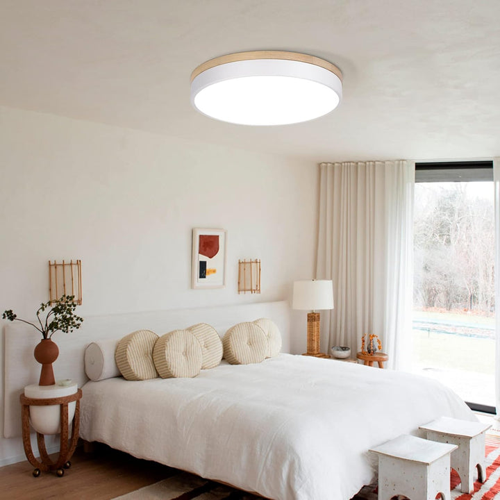 Goomavi Modern Wood Ceiling Light, Minimalist LED Flush Mount Light Fixture,15.74 in White Circle Round Close to Ceiling Lighting Fixtures for Bedroom, Kitchen, Laundry Room, Living Room, Dining Room - Just Closeouts Canada Inc.