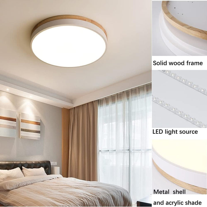 Goomavi Modern Wood Ceiling Light, Minimalist LED Flush Mount Light Fixture,15.74 in White Circle Round Close to Ceiling Lighting Fixtures for Bedroom, Kitchen, Laundry Room, Living Room, Dining Room - Just Closeouts Canada Inc.