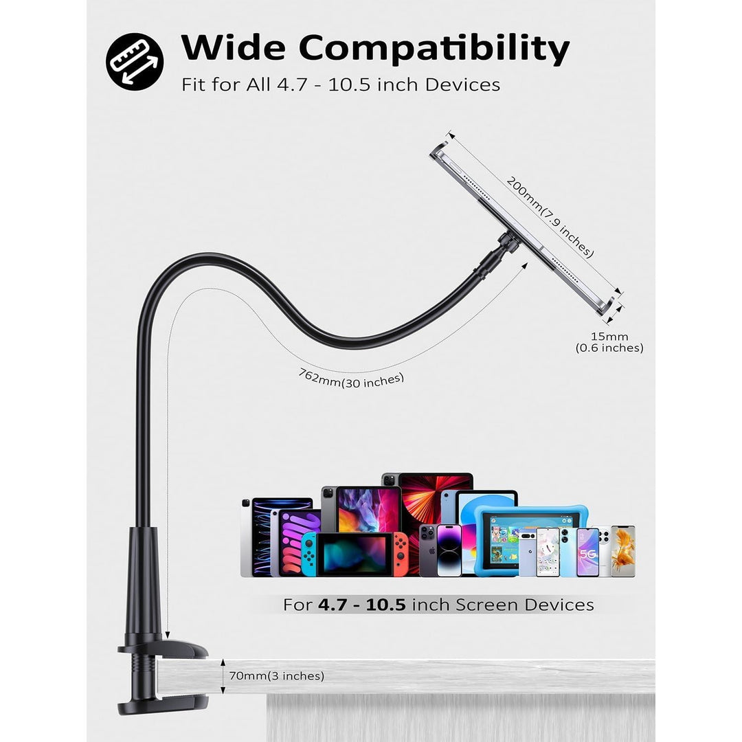 Gooseneck Tablet Holder Stand for Bed: Tryone Adjustable Flexible Arm Tablets Mount Clamp on Table Compatible with iPad Air Mini | Galaxy Tabs | Kindle Fire | Switch or Other 4.7 - 10.5" Devices(Black) - Just Closeouts Canada Inc.