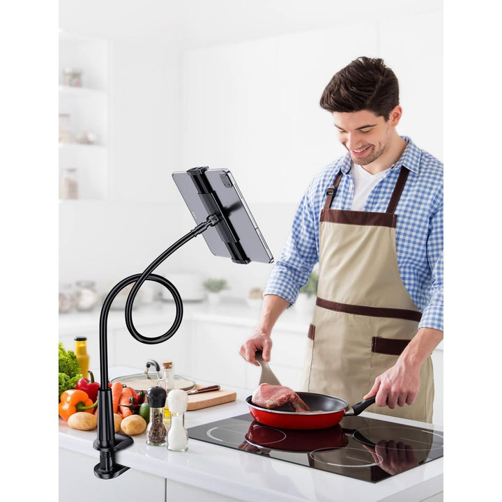 Gooseneck Tablet Holder Stand for Bed: Tryone Adjustable Flexible Arm Tablets Mount Clamp on Table Compatible with iPad Air Mini | Galaxy Tabs | Kindle Fire | Switch or Other 4.7 - 10.5" Devices(Black) - Just Closeouts Canada Inc.