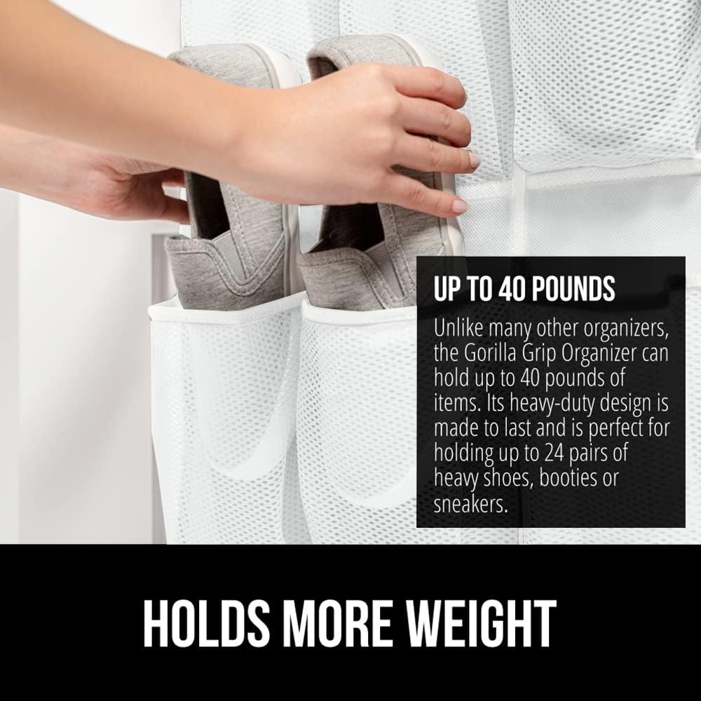GORILLA GRIP Breathable Mesh Large 24 Pocket Shoe Organizer, 2 Pack, Holds Up to 40 Pounds, Sturdy Hooks, Space Saving, Over Door, Hangs on Closets for Shoes, Sneakers or Home Accessories, White - Just Closeouts Canada Inc.