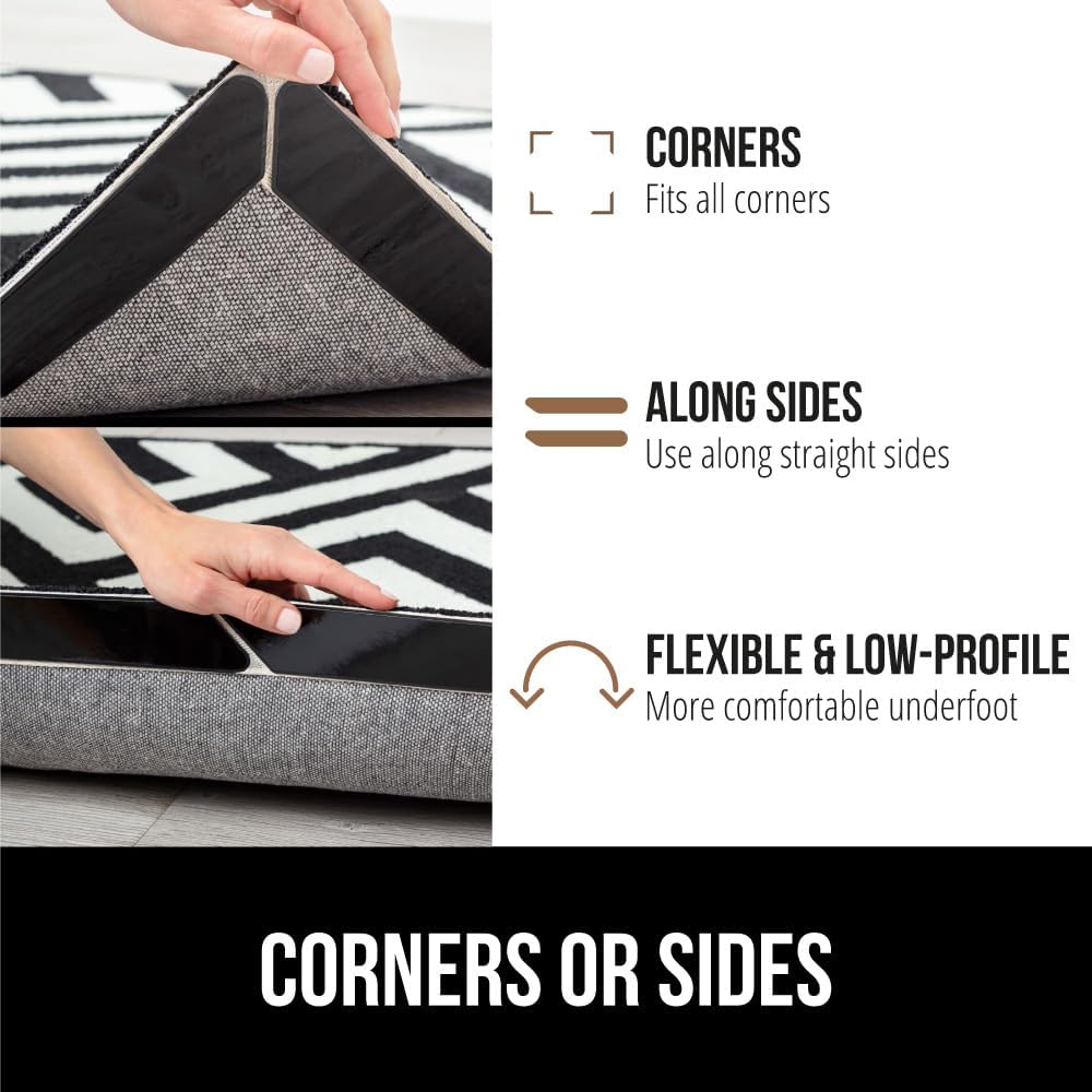 GORILLA GRIP Patent Pending Rug Gripper Pads, Keep Area Rugs Corners from Curling and Bunching, Reusable Dual - Sided Flexible Sticky Pad, Grips Floor and Holds Carpet in Place on Hardwood Floors 8 Pack - Just Closeouts Canada Inc.
