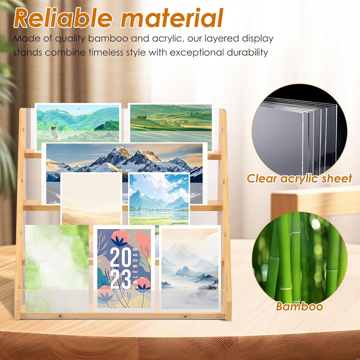 Greeting Card Display Stand, 4 Tier Bamboo and Acrylic Greeting Card Organizer Holder, Sticker Display Stand for Vendors, Stylish Card Display Stand Rack for Cards Postcards Brochure Photos Picture (Wood) - Just Closeouts Canada Inc.