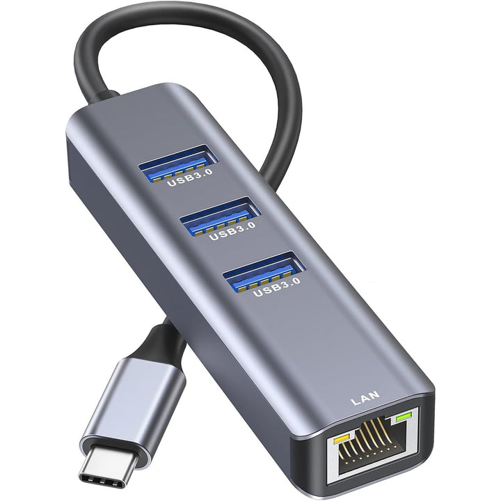 Grey 4-in-1 USB-C Hub with Gigabit Ethernet and 3 USB 3.0 Ports - Just Closeouts Canada Inc.