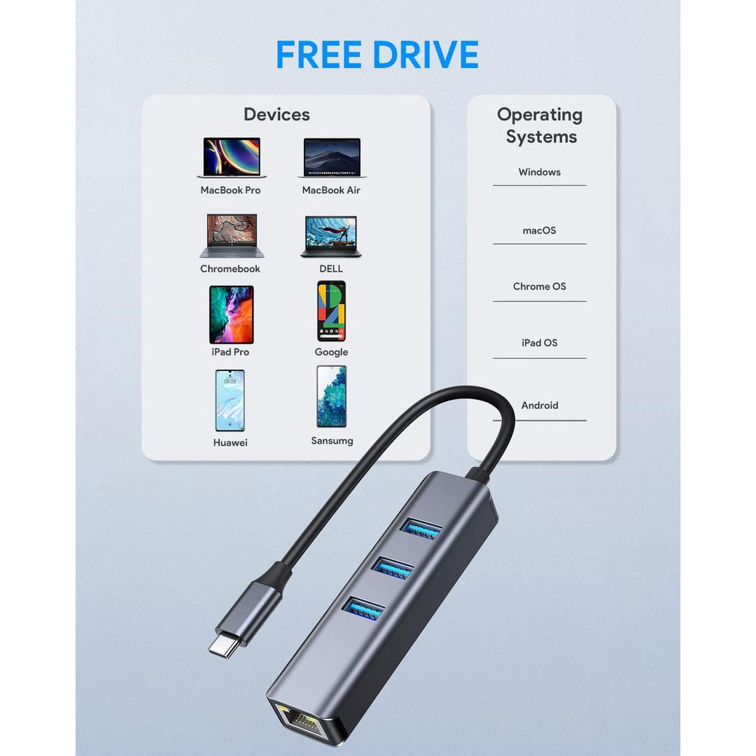 Grey 4-in-1 USB-C Hub with Gigabit Ethernet and 3 USB 3.0 Ports - Just Closeouts Canada Inc.