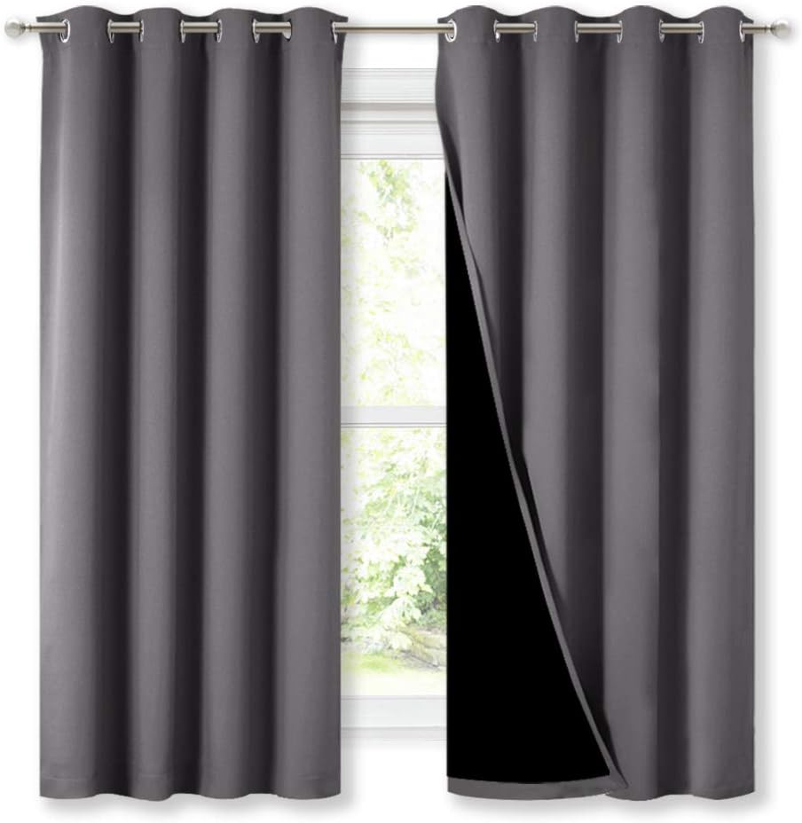 Grey two-panel 52 x 63 in lined blackout curtains with grommets