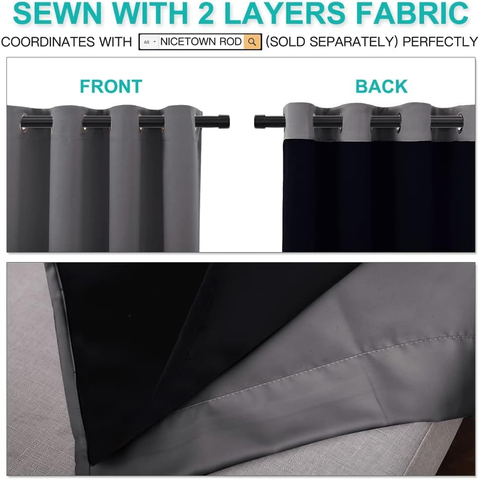 Grey Black-Lined Blackout Grommet Curtains, 52 x 63 in, 2 Panels - Just Closeouts Canada Inc.