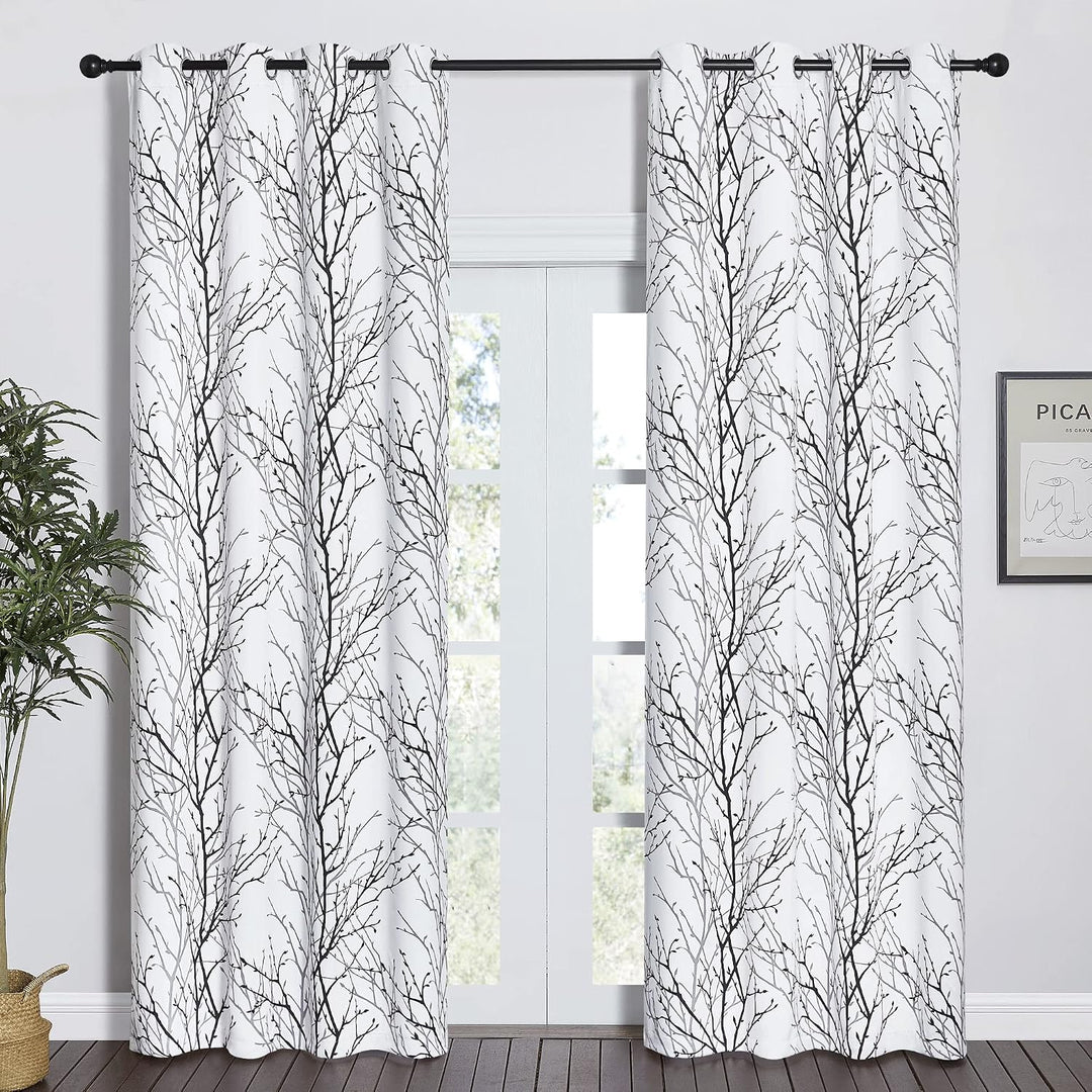 Greyish White Branch-Print Room-Darkening Grommet Curtains, 52 x 84 in, 2 Panels - Just Closeouts Canada Inc.