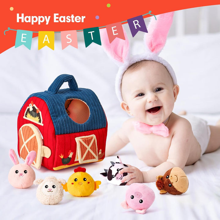 hahaland Montessori Baby Toys 6 - 12 Months - Surprise Barn with Stuffed Farm Animals Toys for Babies with Rattle & Mirror, Sensory Toys for Babies Boy Girl Birthday Gifts, Travel Toys for Toddlers 1 - 3 - Just Closeouts Canada Inc.