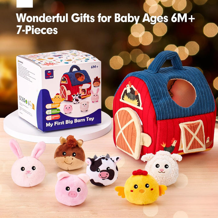 hahaland Montessori Baby Toys 6 - 12 Months - Surprise Barn with Stuffed Farm Animals Toys for Babies with Rattle & Mirror, Sensory Toys for Babies Boy Girl Birthday Gifts, Travel Toys for Toddlers 1 - 3 - Just Closeouts Canada Inc.