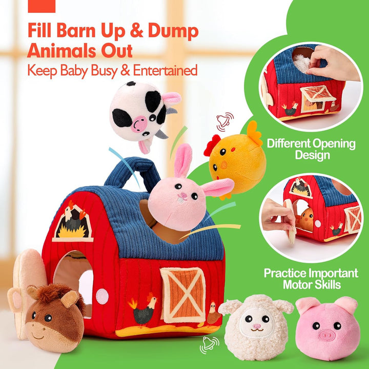 hahaland Montessori Baby Toys 6 - 12 Months - Surprise Barn with Stuffed Farm Animals Toys for Babies with Rattle & Mirror, Sensory Toys for Babies Boy Girl Birthday Gifts, Travel Toys for Toddlers 1 - 3 - Just Closeouts Canada Inc.